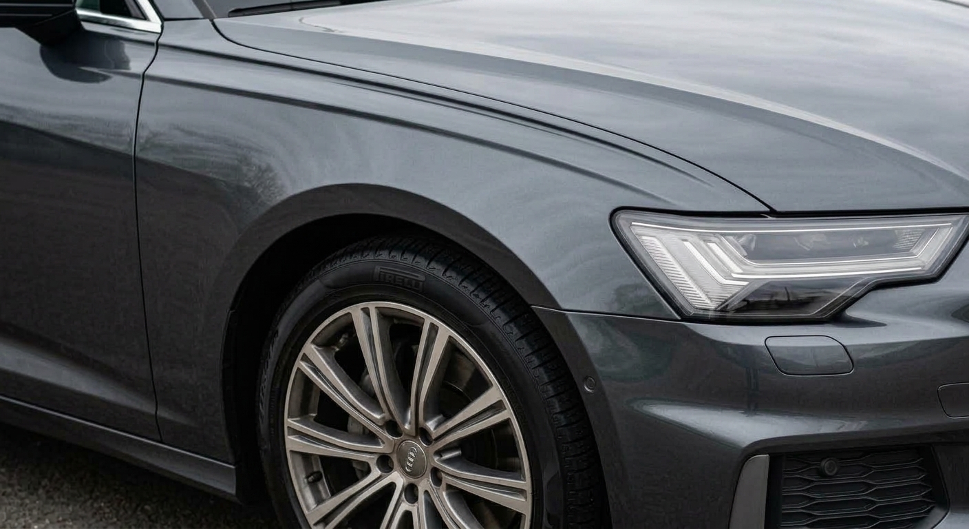 Fahrzeugdetail nach der Wäsche – saubere Felge, Kotflügel und Scheinwerfer